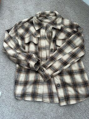 La Hearts Beige & Brown Plaid Utility Shacket